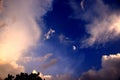 Crescent moon with beautiful sunset background . Light from sky . Religion background . beautiful sky . Yellow and pink clouds .