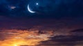 Crescent moon with beautiful sunset background . Light from sky . Royalty Free Stock Photo