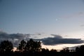 A crescent moon in the blue sky at dusk. Silhouettes of trees Royalty Free Stock Photo