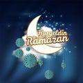 Crescent moon and calligraphy inscription which means `` Hosgeldin Ya Sehri Ramazan`` on night cloudy background. translation: Ram