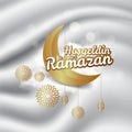 Crescent moon and calligraphy inscription which means `` Hosgeldin Ya Sehri Ramazan`` on night cloudy background. translation: Ram