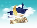 Crescent moon and calligraphy inscription which means `` Hosgeldin Ya Sehri Ramazan`` on night cloudy background. translation: Ram