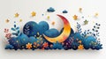 Crescent moon and clouds with leaves and stars. Paper art style. Eid Mubarak greeting card, generative ai