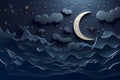 crescent moon cloudy star papercut style, dark blue background, Generated AI