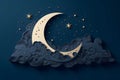 The crescent moon cloudy star papercut style, dark blue background, Generated AI