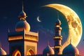 Crescent Moon Cradled Atop a Minaret During Ramadan: Illuminated Against a Twilight Sky, Worshippers in Silhouette