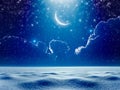 Crescent moon in dark blue night starry sky above snowy field, b