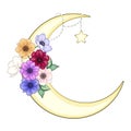 Crescent moon decorated with flowers, leaves. hand drawn card, poster, banner for Islamic festival