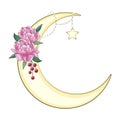 Crescent moon decorated with flowers, leaves. hand drawn card, poster, banner for Islamic festival