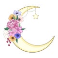 Crescent moon decorated with flowers, leaves. hand drawn card, poster, banner for Islamic festival