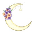 Crescent moon decorated with flowers, leaves. hand drawn card, poster, banner for Islamic festival