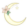Crescent moon decorated with flowers, leaves. hand drawn card, poster, banner for Islamic festival