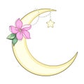 Crescent moon decorated with flowers, leaves. hand drawn card, poster, banner for Islamic festival