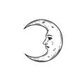 The Crescent Moon with face. Mystical heaven hand drawn illustration. Sketch style. Astrology and witchcraft symbol. Engrave vinta Royalty Free Stock Photo