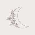 Crescent moon of flowers in a trendy minimal linear style. Vector floral outline icon. Tattoo design