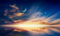 Crescent moon, glowing clouds and bright star