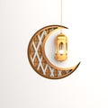 Crescent moon and gold arabic hanging lamp on white background.