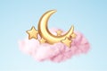 Crescent moon, golden stars and pink clouds 3d style isolated on blue background. Dream, lullaby, dreams background Royalty Free Stock Photo