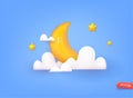 Crescent moon, golden stars and white clouds 3d style isolated on blue background. 3D Vector Web llustrations Royalty Free Stock Photo