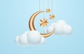 Crescent moon, golden stars and white clouds 3d style isolated on blue background. Dream, lullaby, dreams background Royalty Free Stock Photo