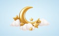 Crescent moon, golden stars and white clouds 3d style isolated on blue background. Dream, lullaby, dreams background Royalty Free Stock Photo