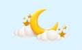 Crescent moon, golden stars and white clouds 3d style isolated on blue background. Dream, lullaby, dreams background