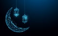 Crescent moon with hanging lamps Islamic Festival concept form lines and triangles, point connecting network on blue background.