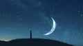 Crescent moon, hanging low in a clear night sky. Muslim person in thoughtful contemplation.
