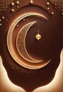 a crescent moon hangs on a brown background with a gold lanterns and stars