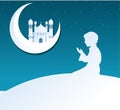 Crescent moon and mosque with Islamic boy offering namaz on blue