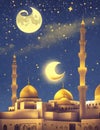 Crescent moon and mosque in the night sky. Ramadan Kareem background Royalty Free Stock Photo