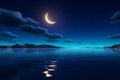 Crescent moon over the sea, stars, and a tranquil night