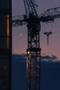 A crescent moon rises behind the silhouette of a building crane. Royalty Free Stock Photo