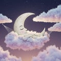 A crescent moon with a serene face is nestled in a cloud hammock among fluffy Royalty Free Stock Photo