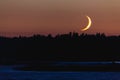 Crescent moon setting behind forest Royalty Free Stock Photo