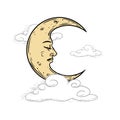 The Crescent Moon with sleeping face among the clouds. Mystical heaven hand drawn illustration. Sketch style. Astrology and witchc Royalty Free Stock Photo