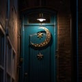 Crescent Moon and Star Decoration on Blue Door in Nighttime Alleyway