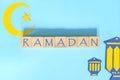 Crescent moon, star and lantern decoration with text. Ramadan Kareem celebration. Royalty Free Stock Photo