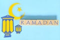 Crescent moon, star and lantern decoration with text. Ramadan Kareem celebration. Royalty Free Stock Photo