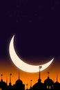 Crescent Moon and star with shadow Mosques Dome on twilight gradient black and gold background. for eid al-fitr, arabic, Eid al-