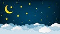 Crescent moon, stars, and clouds on the midnight sky background. Night sky scenery background. Paper art style.
