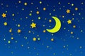 Crescent moon, stars, and clouds on the midnight sky background. Night sky scenery background. Paper art style. Vector Royalty Free Stock Photo