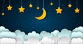 Crescent moon with stars and clouds in the night sky. Moon and stars paper style art background - vector Royalty Free Stock Photo