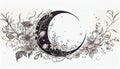 Crescent moon stars flowers ink illustration