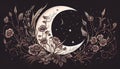 Crescent moon stars flowers ink illustration