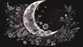Crescent moon stars flowers ink illustration