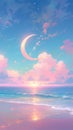 Crescent moon, stars, and pink clouds over sea and pastel sunset Royalty Free Stock Photo