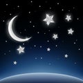 Crescent moon and stars on space background