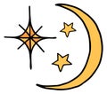 Crescent moon and stars yellow doodle icon