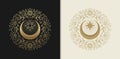 Crescent Moon and Stellar Sparkles with Ornate Floral Engravings Royalty Free Stock Photo